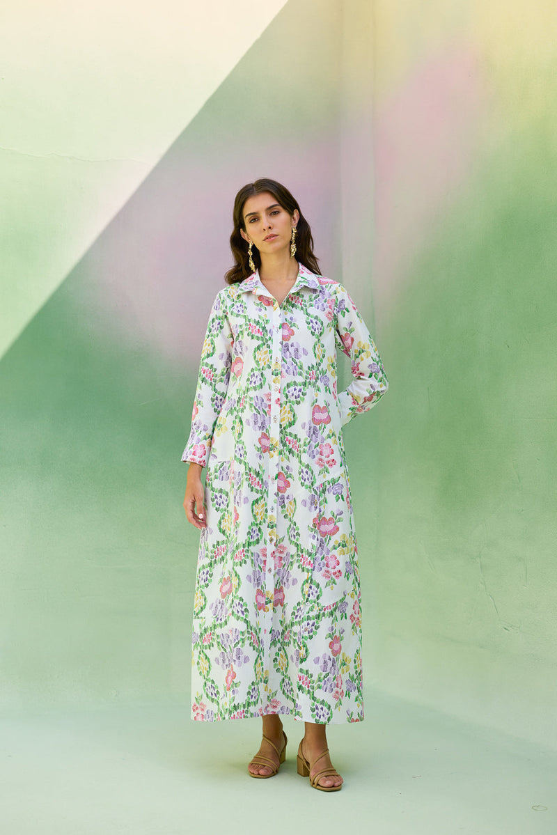 Ivory Floral Ikat Collared Shirt Dress cotton dress by World of SiSa in ivory for women in Singapore