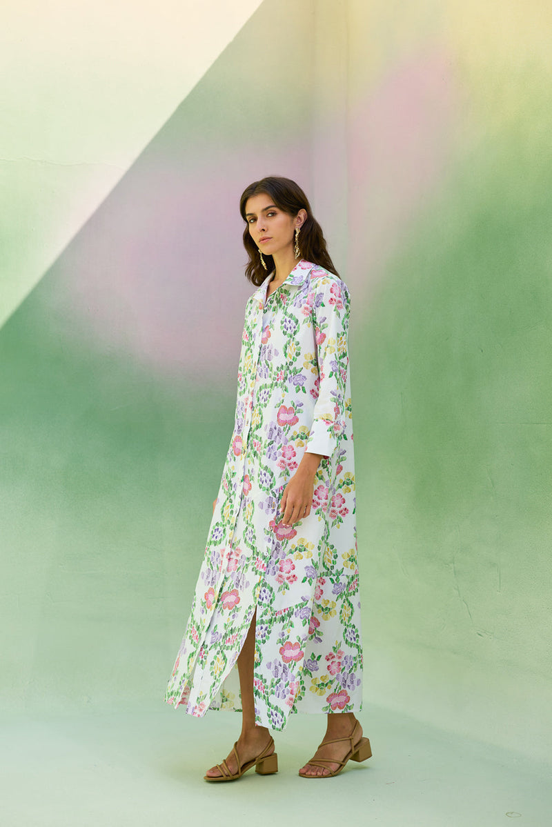 Ivory Floral Ikat Collared Shirt Dress cotton dress by World of SiSa in ivory for women in Singapore