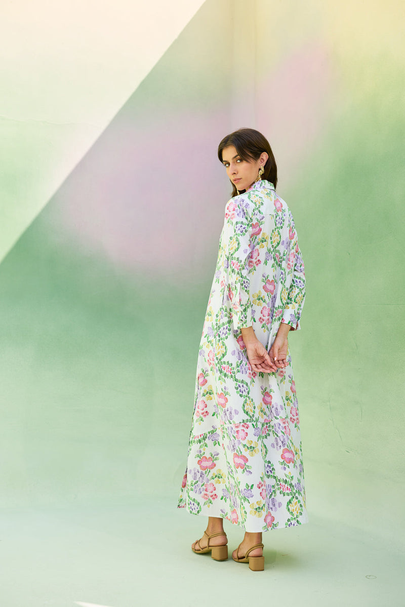 Ivory Floral Ikat Collared Shirt Dress cotton dress by World of SiSa in ivory for women in Singapore