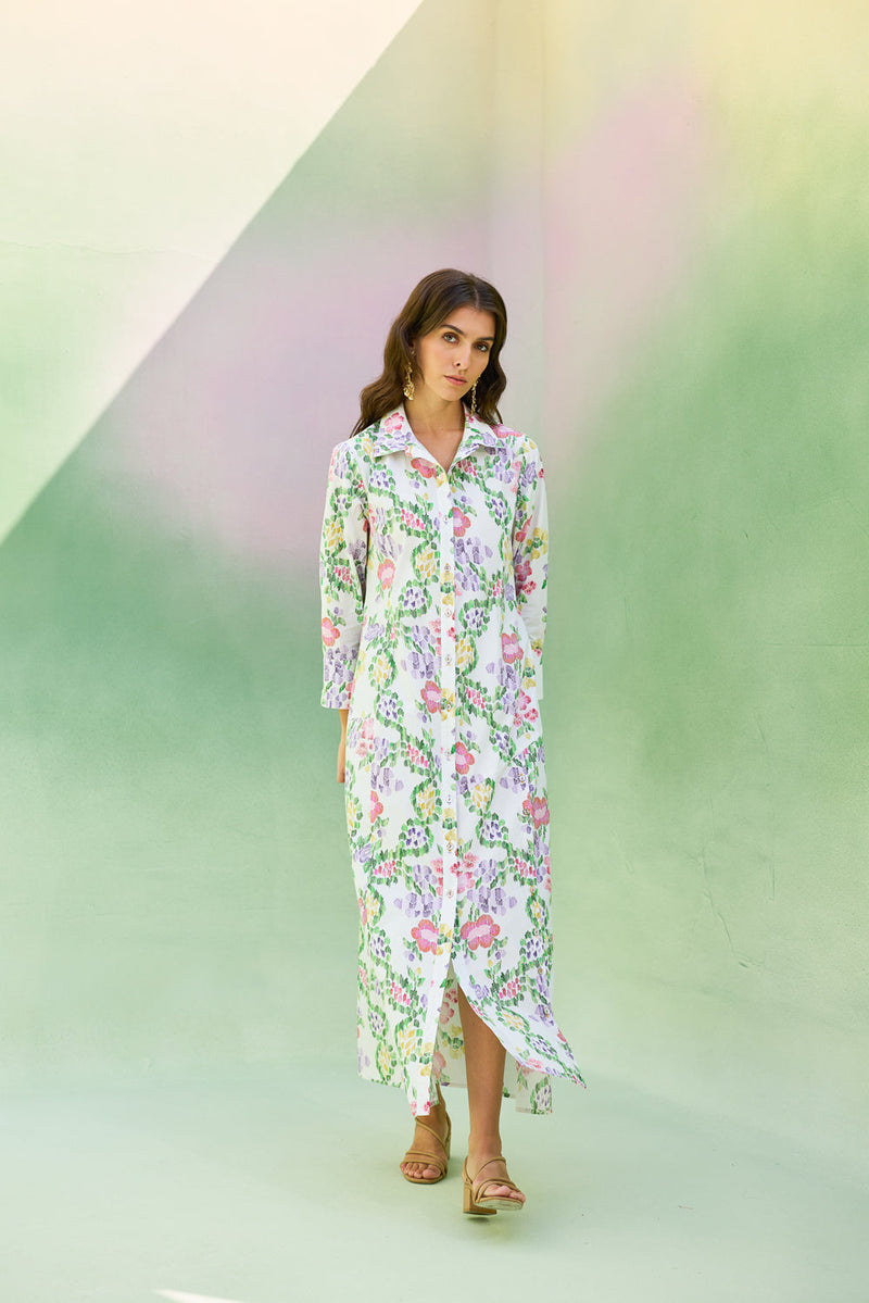 Ivory Floral Ikat Collared Shirt Dress cotton dress by World of SiSa in ivory for women in Singapore