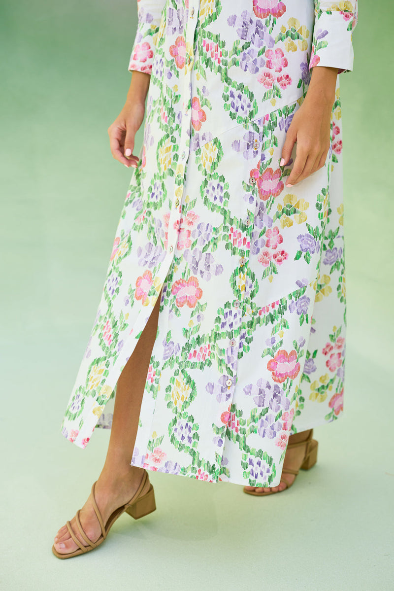 Ivory Floral Ikat Collared Shirt Dress cotton dress by World of SiSa in ivory for women in Singapore