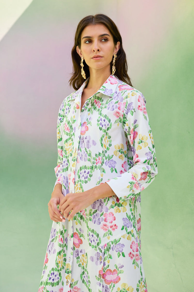 Ivory Floral Ikat Collared Shirt Dress cotton dress by World of SiSa in ivory for women in Singapore