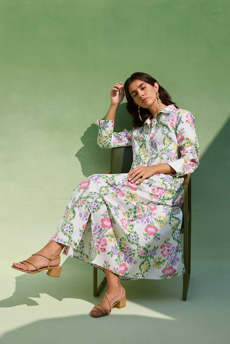 Ivory Floral Ikat Collared Shirt Dress cotton dress by World of SiSa in ivory for women in Singapore
