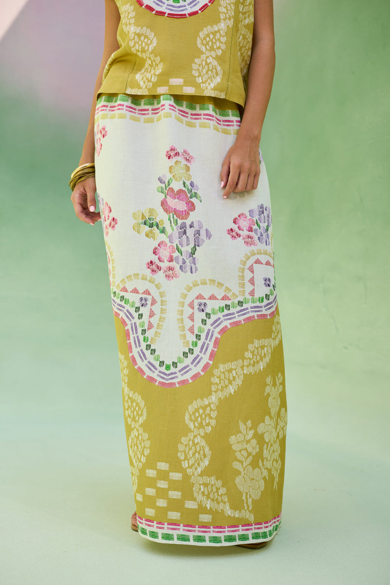 Ochre Floral Ikat Co-ord Set linen co-ord set by World of SiSa in musturd yellow for women in Singapore