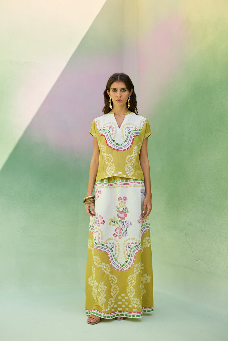 Ochre Floral Ikat Co-ord Set linen co-ord set by World of SiSa in musturd yellow for women in Singapore