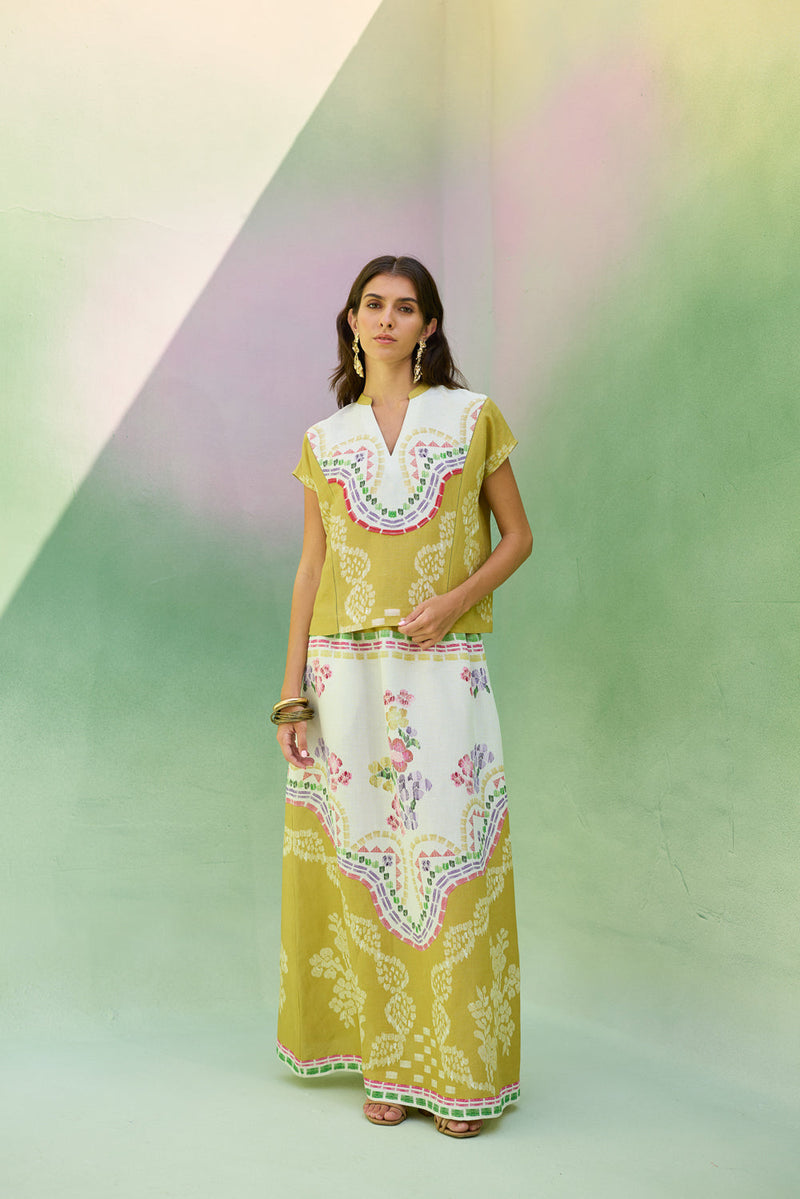 Ochre Floral Ikat Co-ord Set linen co-ord set by World of SiSa in musturd yellow for women in Singapore