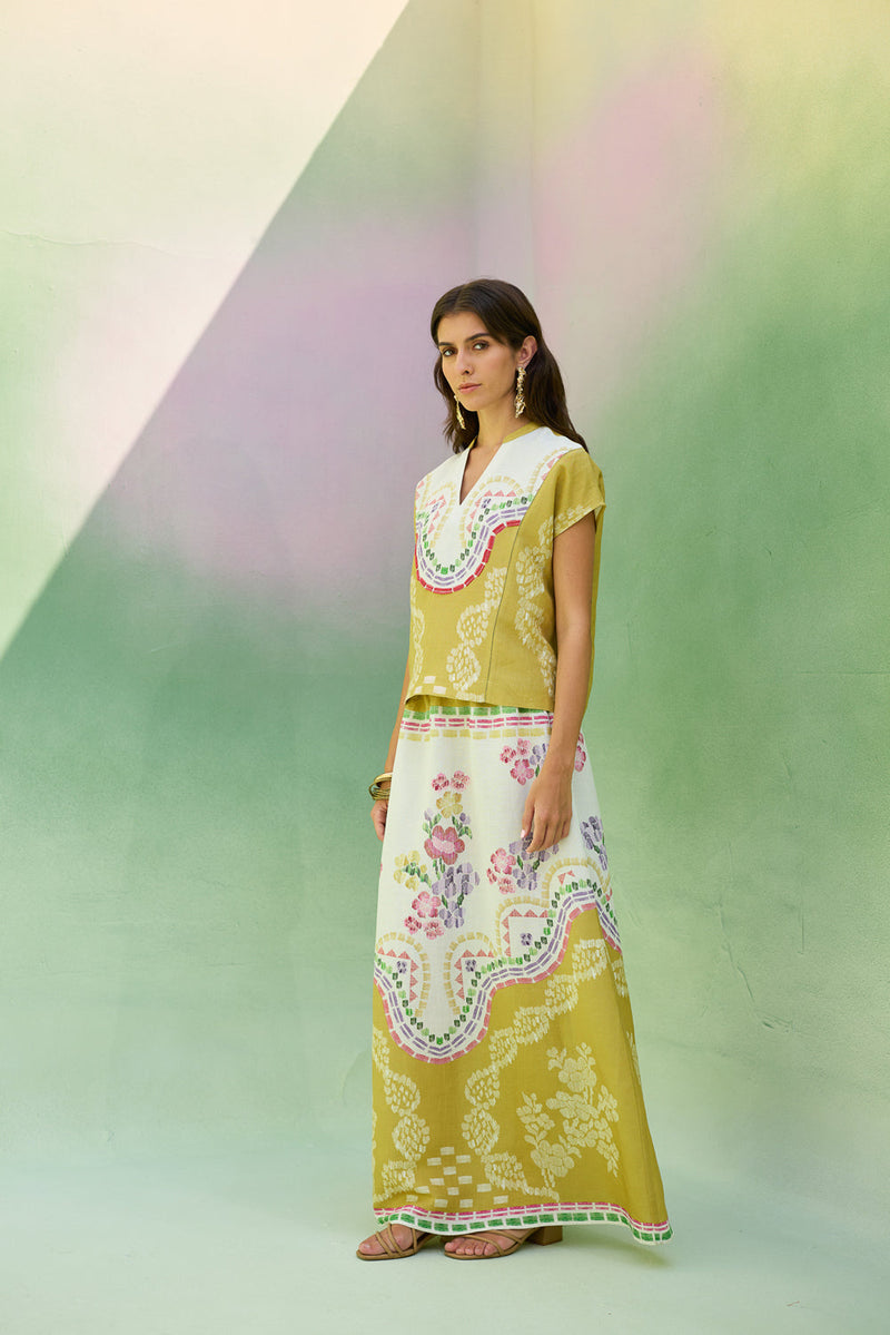 Ochre Floral Ikat Co-ord Set linen co-ord set by World of SiSa in musturd yellow for women in Singapore