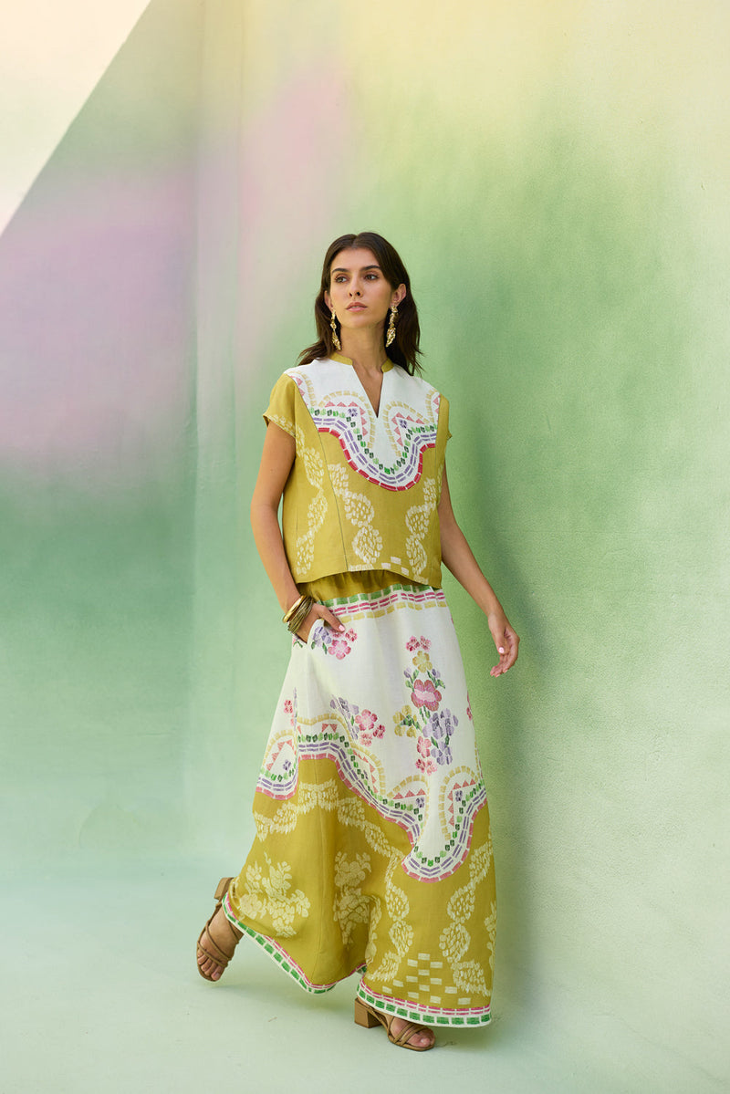 Ochre Floral Ikat Co-ord Set linen co-ord set by World of SiSa in musturd yellow for women in Singapore