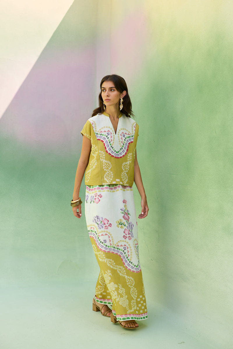 Ochre Floral Ikat Co-ord Set linen co-ord set by World of SiSa in musturd yellow for women in Singapore