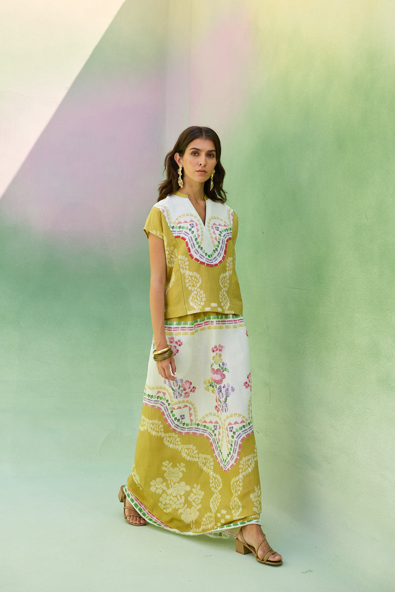 Ochre Floral Ikat Co-ord Set linen co-ord set by World of SiSa in musturd yellow for women in Singapore