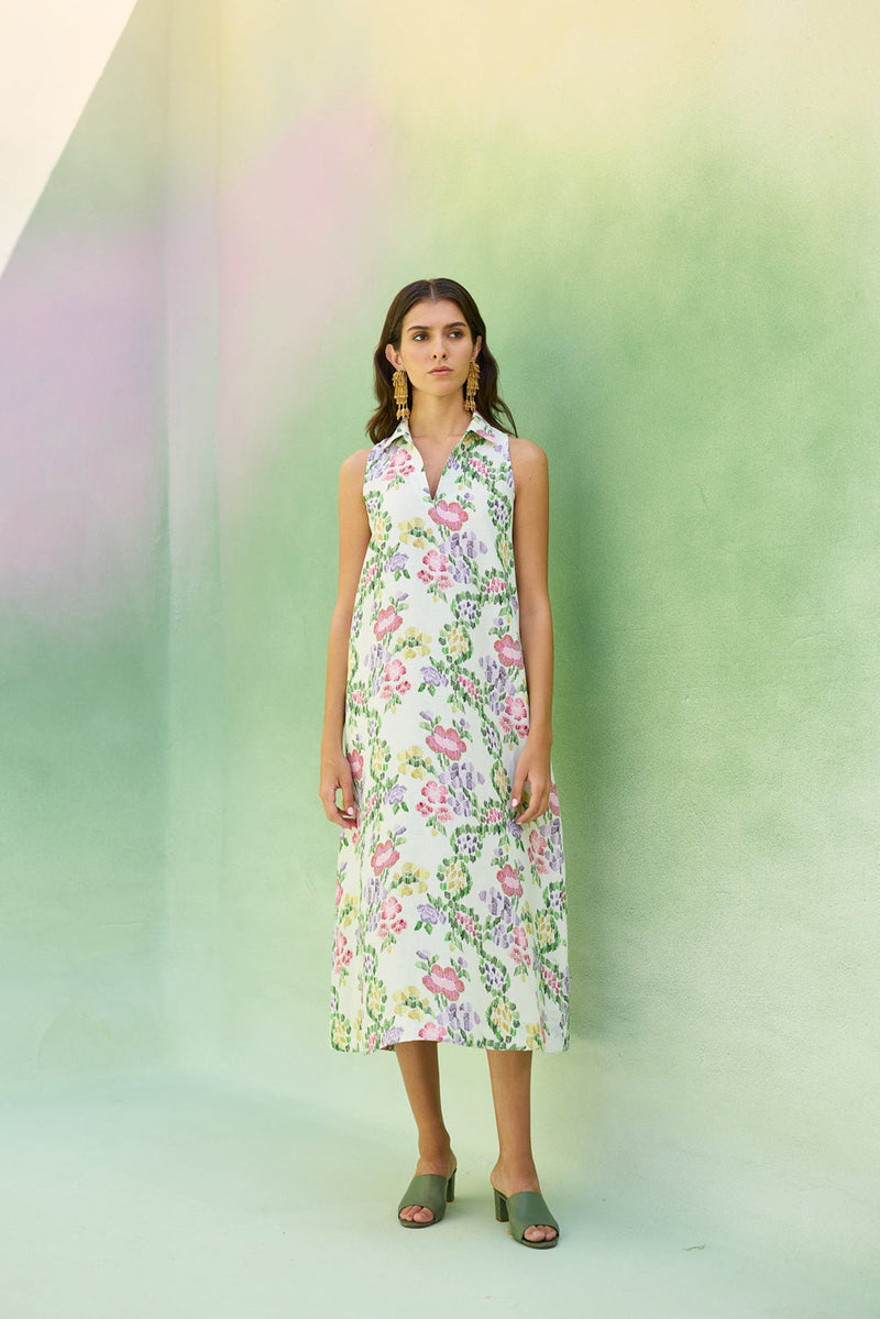 Ivory Floral Ikat Sleeveless Midi Dress linen dress by World of SiSa in ivory for women in Singapore