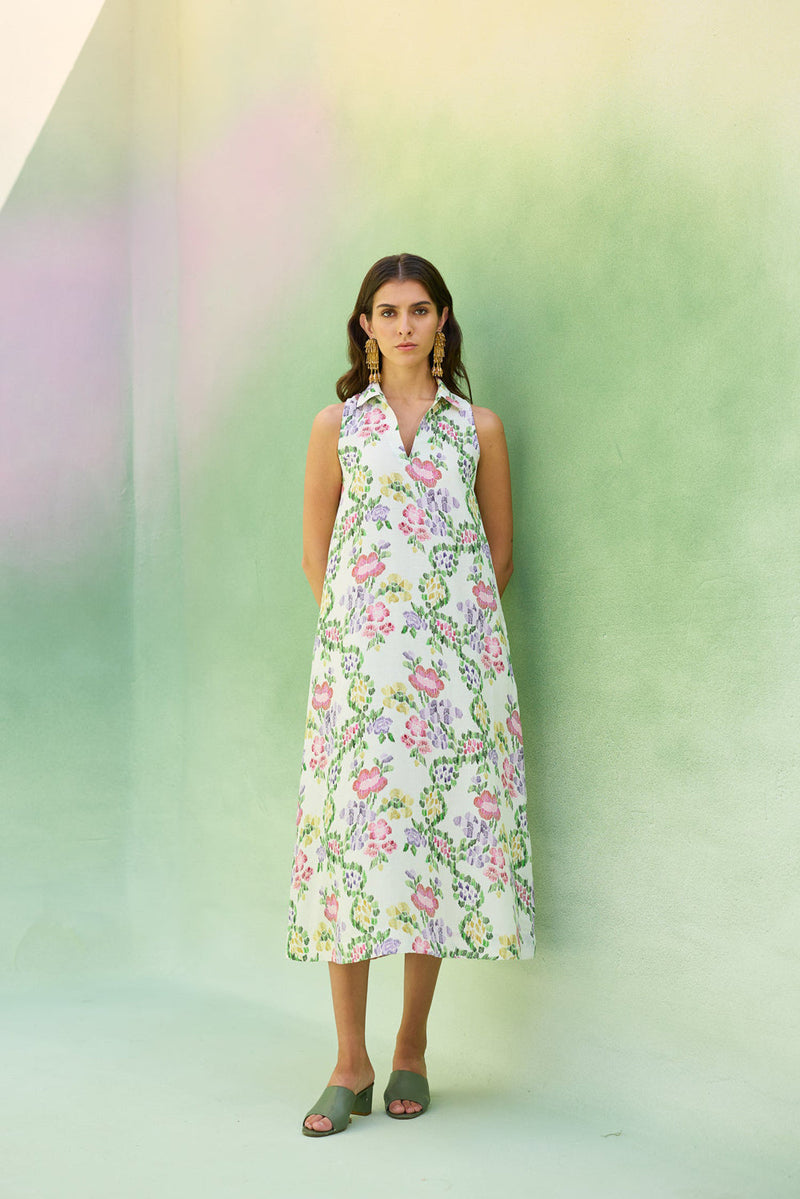 Ivory Floral Ikat Sleeveless Midi Dress linen dress by World of SiSa in ivory for women in Singapore