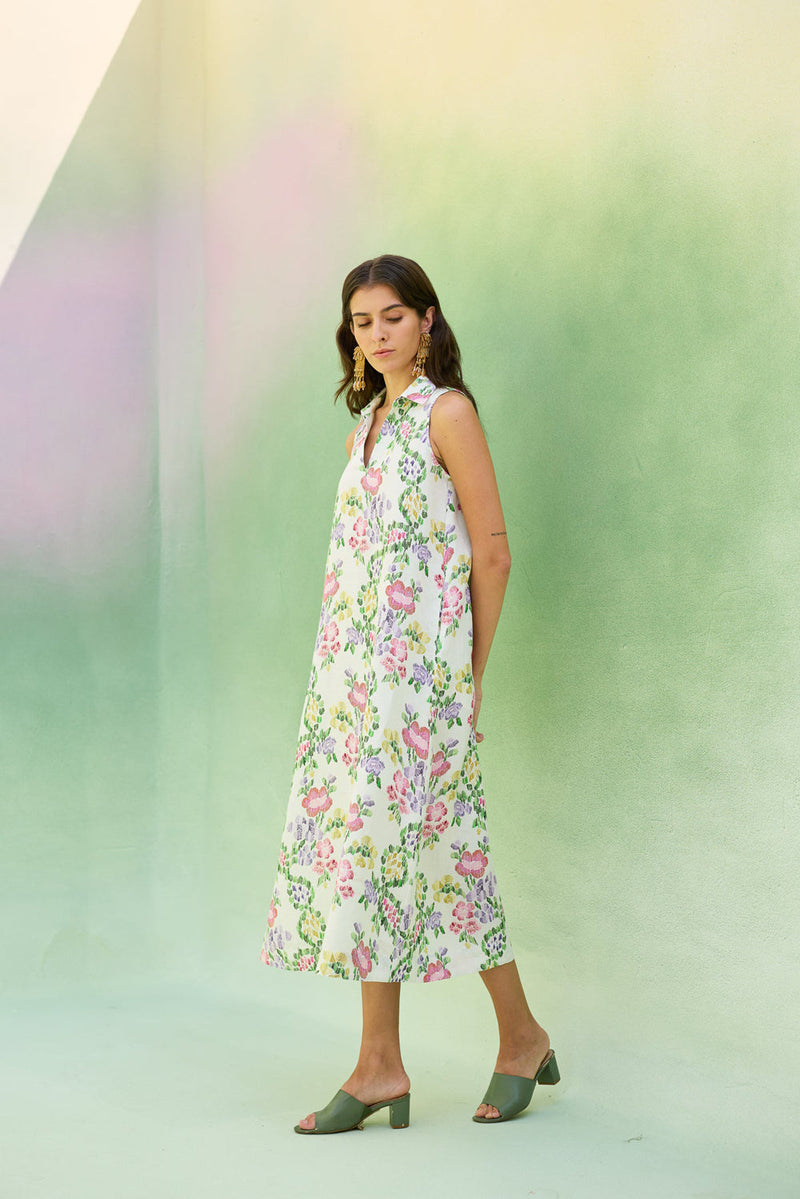 Ivory Floral Ikat Sleeveless Midi Dress linen dress by World of SiSa in ivory for women in Singapore