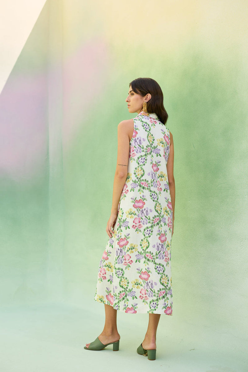 Ivory Floral Ikat Sleeveless Midi Dress linen dress by World of SiSa in ivory for women in Singapore