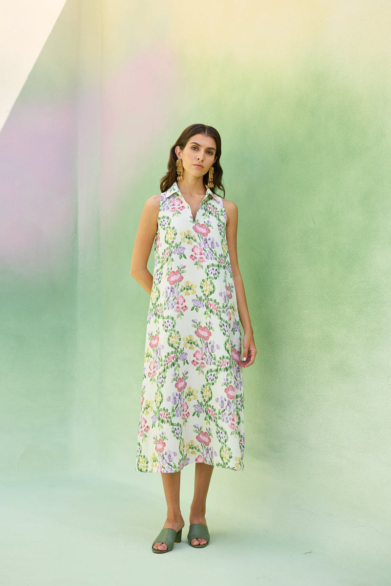 Ivory Floral Ikat Sleeveless Midi Dress linen dress by World of SiSa in ivory for women in Singapore