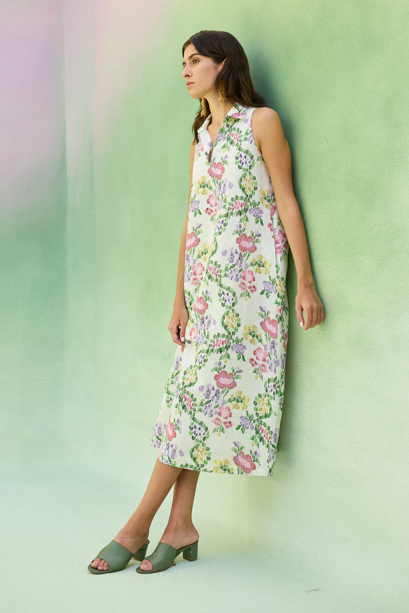 Ivory Floral Ikat Sleeveless Midi Dress linen dress by World of SiSa in ivory for women in Singapore