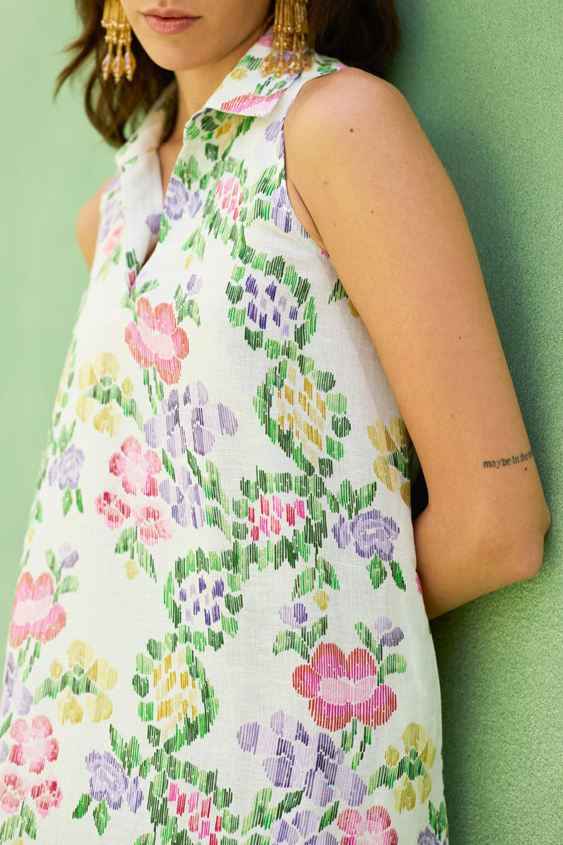 Ivory Floral Ikat Sleeveless Midi Dress linen dress by World of SiSa in ivory for women in Singapore