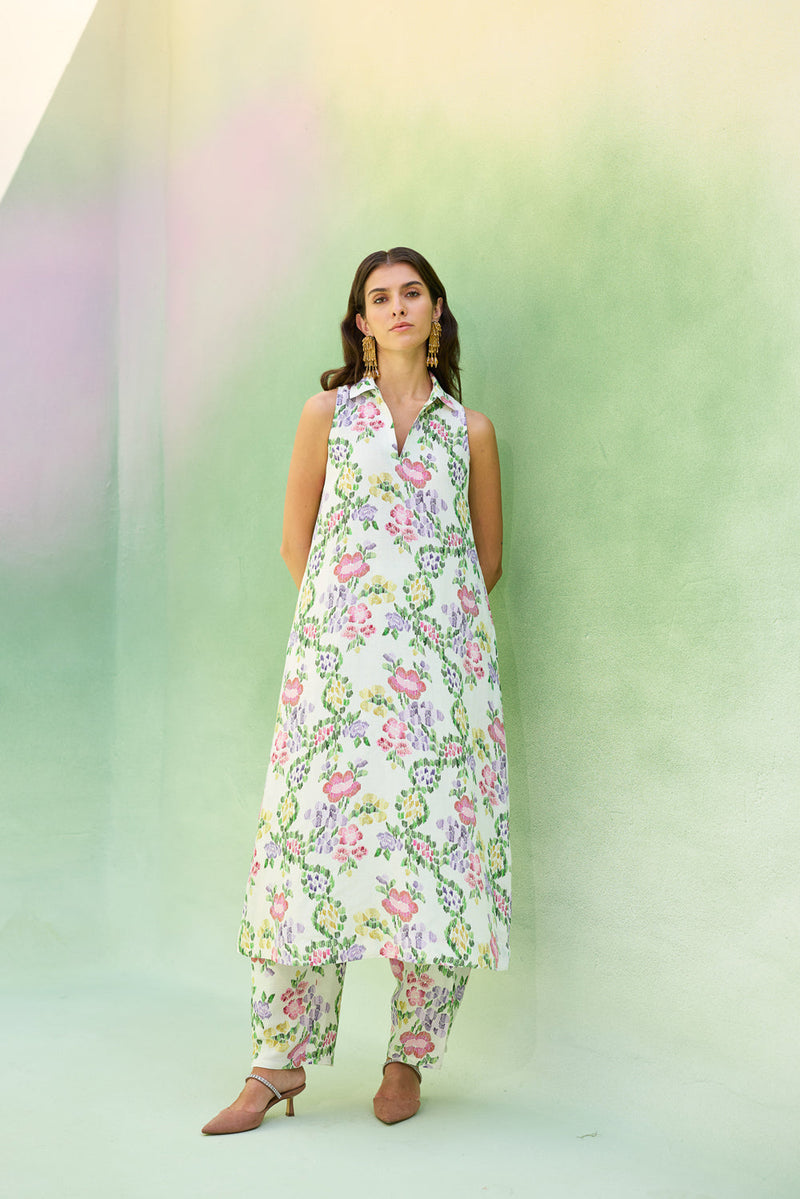 Ivory Floral Ikat Co-ord Set linen co-ord set by World of SiSa in ivory for women in Singapore