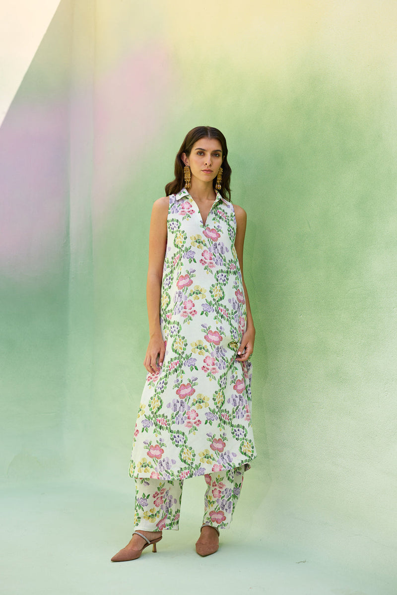 Ivory Floral Ikat Co-ord Set linen co-ord set by World of SiSa in ivory for women in Singapore
