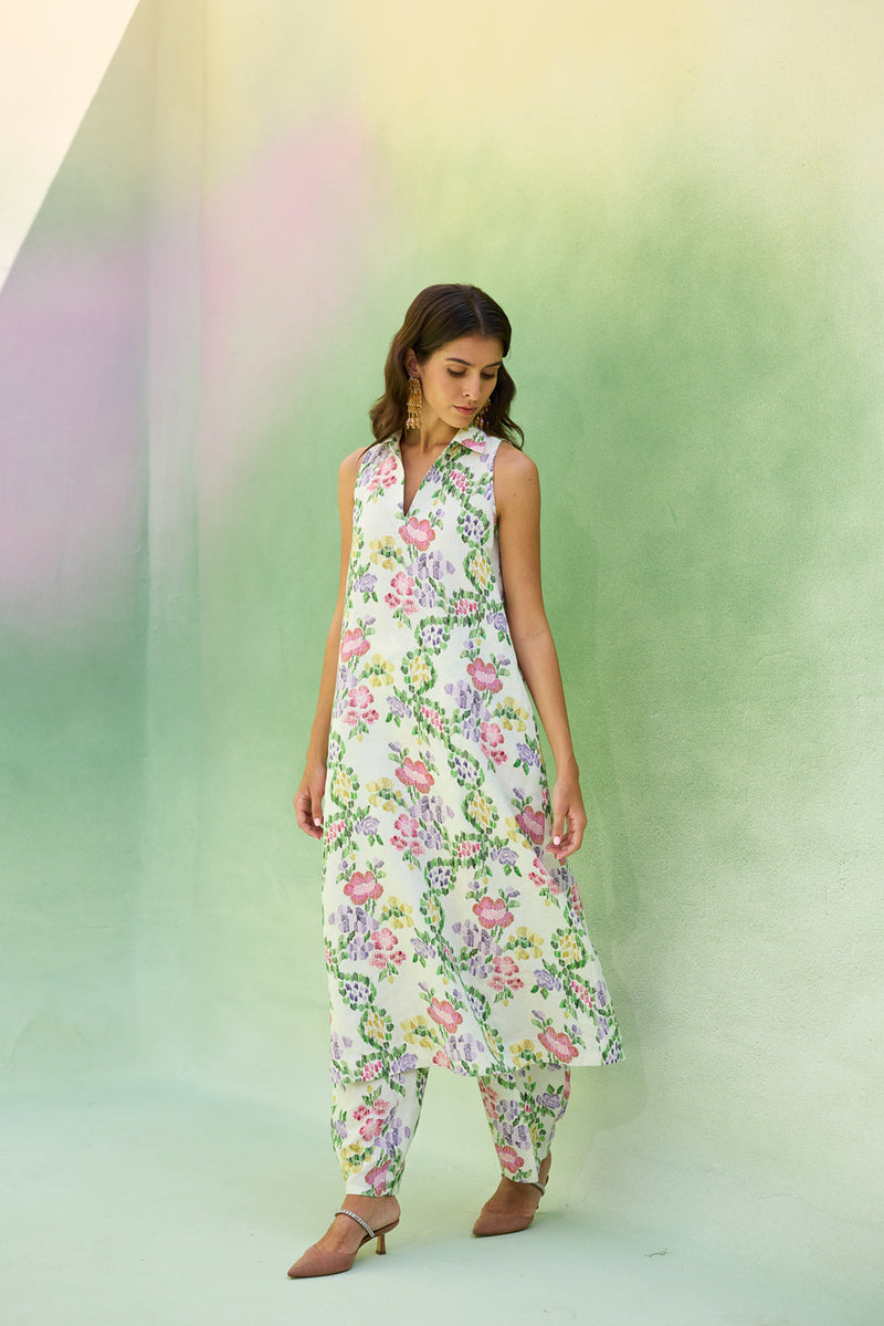 Ivory Floral Ikat Co-ord Set linen co-ord set by World of SiSa in ivory for women in Singapore