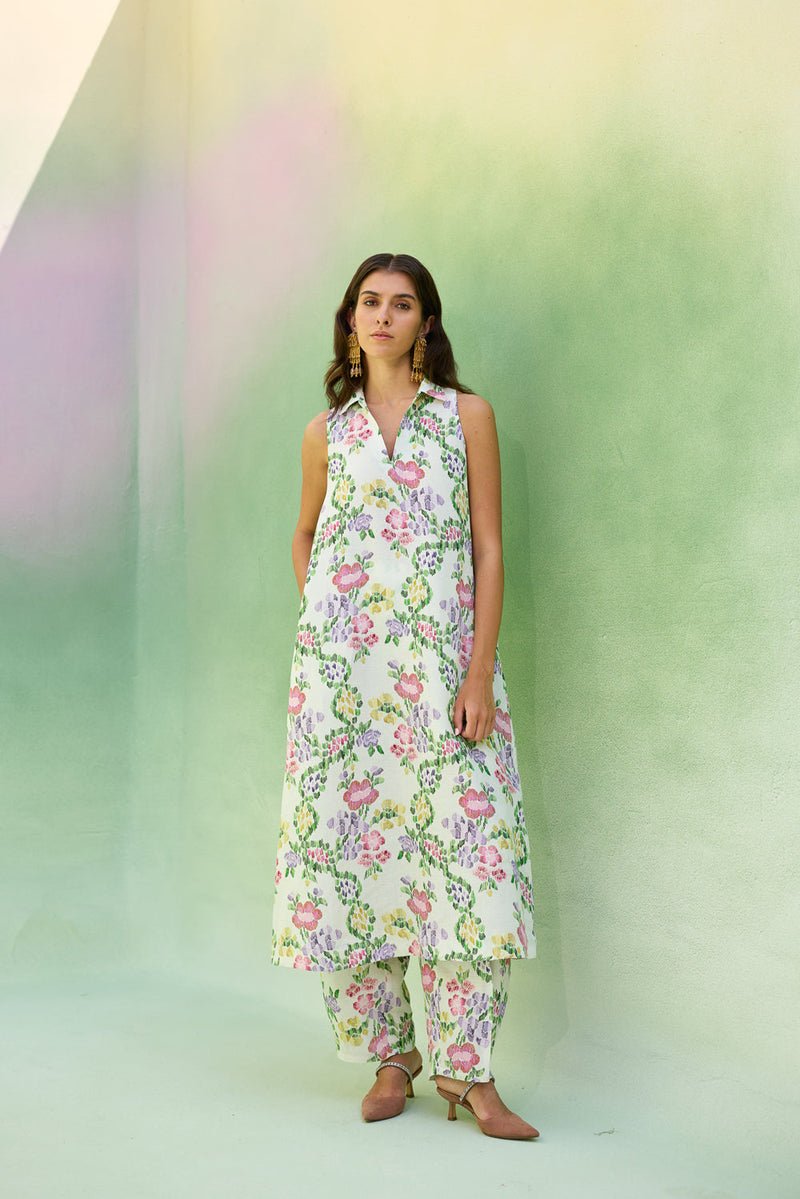 Ivory Floral Ikat Co-ord Set linen co-ord set by World of SiSa in ivory for women in Singapore