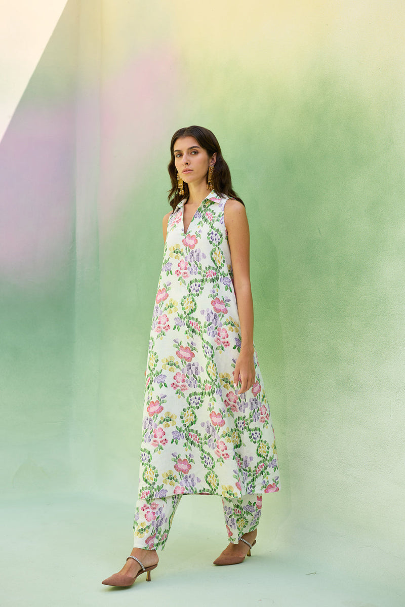 Ivory Floral Ikat Co-ord Set linen co-ord set by World of SiSa in ivory for women in Singapore