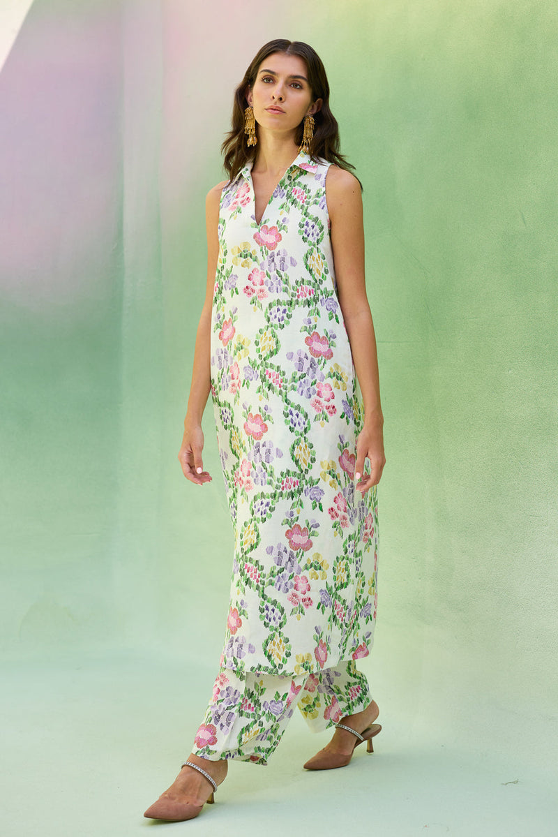 Ivory Floral Ikat Co-ord Set linen co-ord set by World of SiSa in ivory for women in Singapore