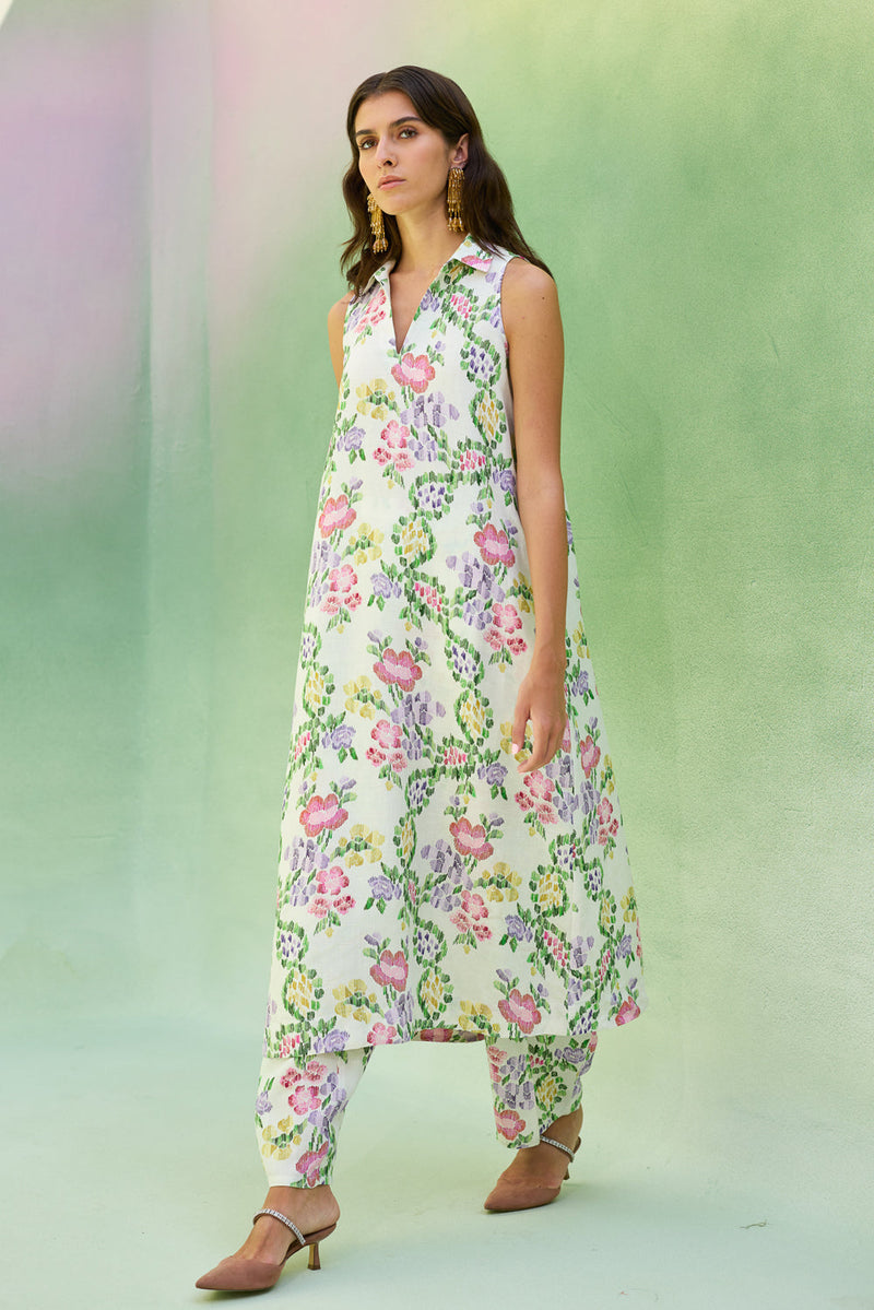 Ivory Floral Ikat Co-ord Set linen co-ord set by World of SiSa in ivory for women in Singapore