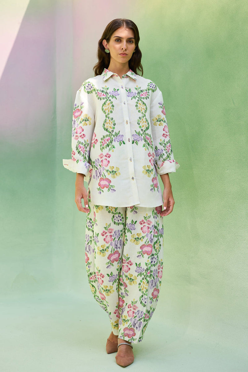 Ivory Multi-coloured Floral Ikat Set linen co-ord set by World of SiSa in ivory for women in Singapore