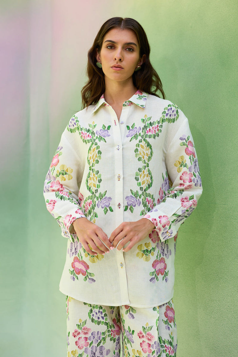 Ivory Floral Ikat Shirt linen top/shirt by World of SiSa in ivory for women in Singapore