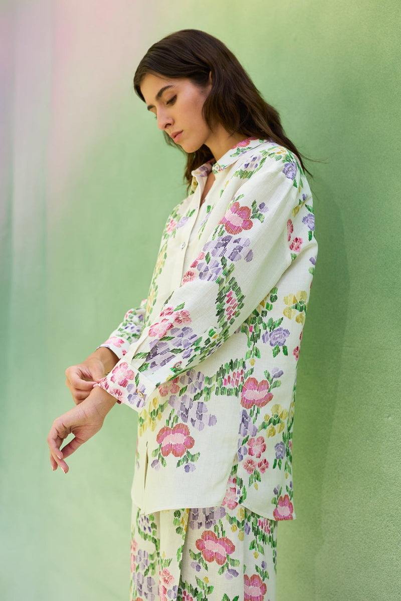 Ivory Multi-coloured Floral Ikat Set linen co-ord set by World of SiSa in ivory for women in Singapore