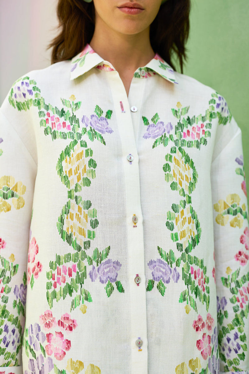 Ivory Multi-coloured Floral Ikat Set linen co-ord set by World of SiSa in ivory for women in Singapore
