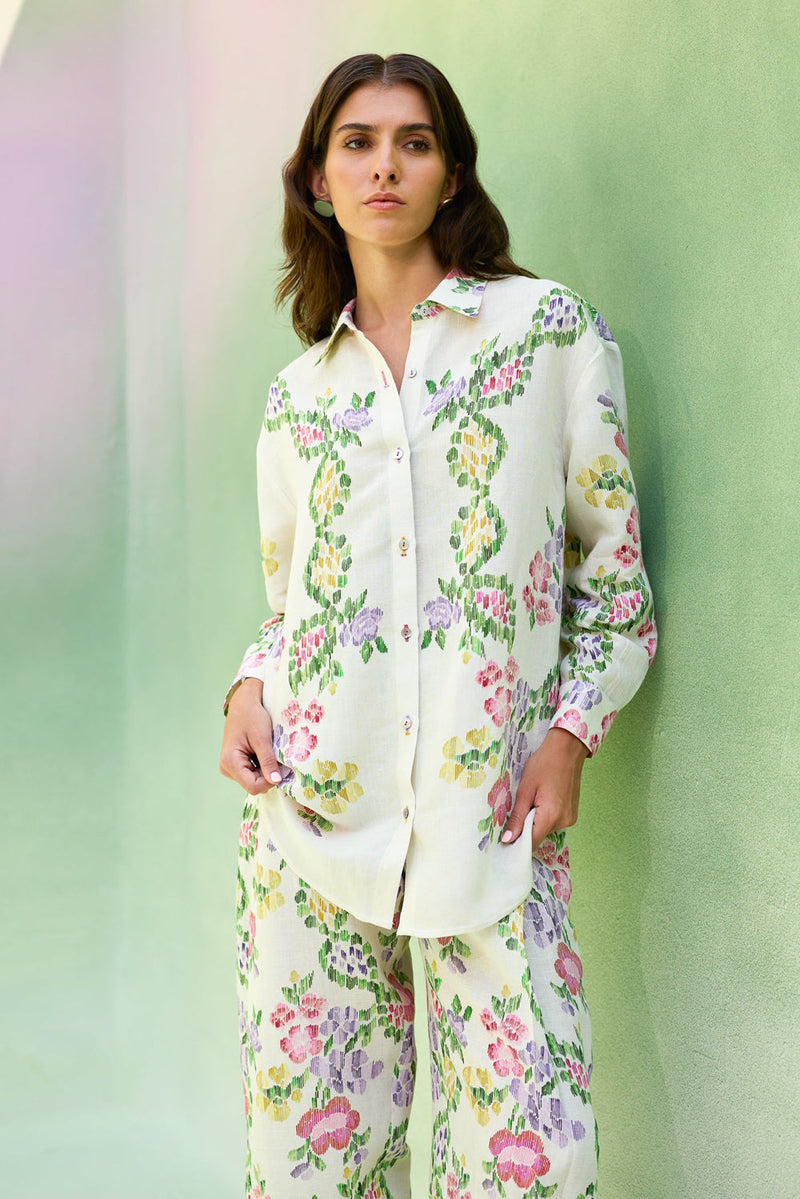 Ivory Floral Ikat Shirt linen top/shirt by World of SiSa in ivory for women in Singapore