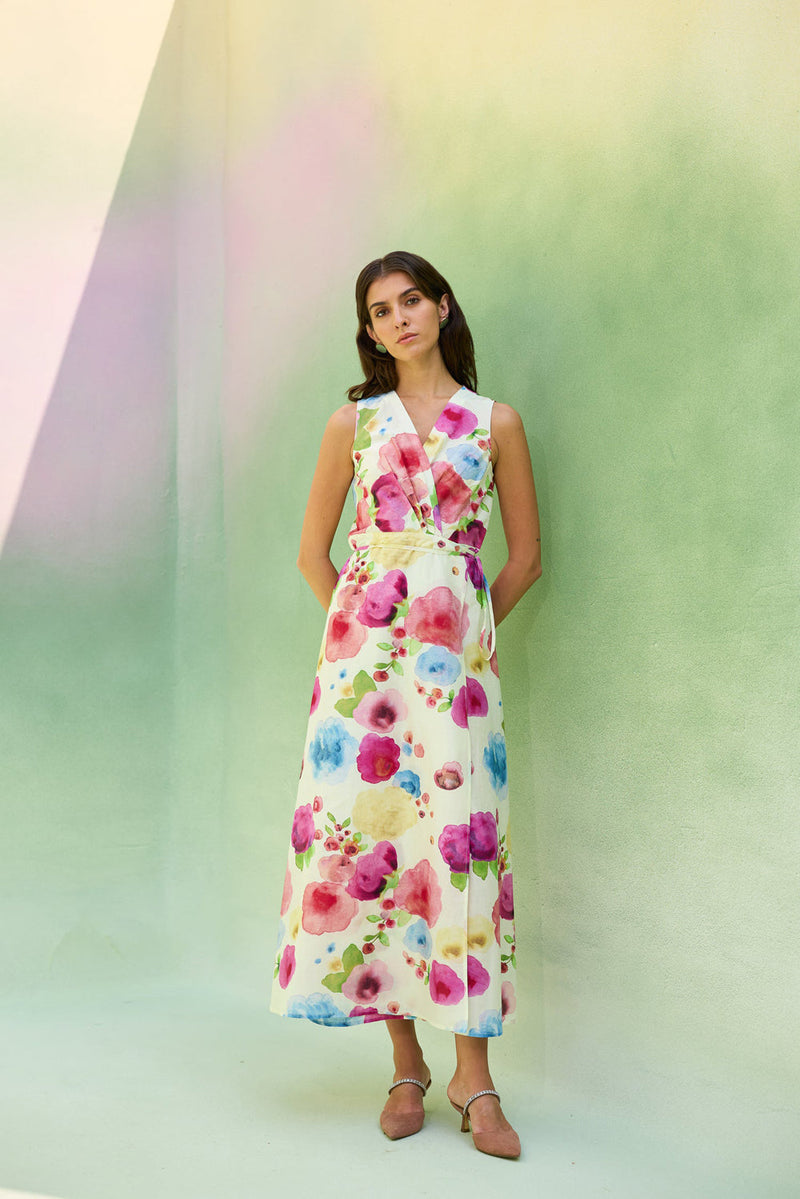 Californian Poppies Wrap Dress cotton, silk dress by World of SiSa in multi-color for women in Singapore