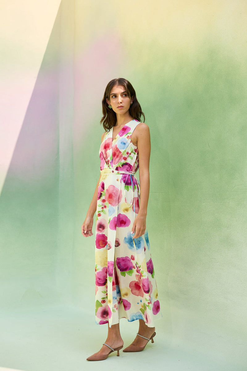 Californian Poppies Wrap Dress cotton, silk dress by World of SiSa in multi-color for women in Singapore