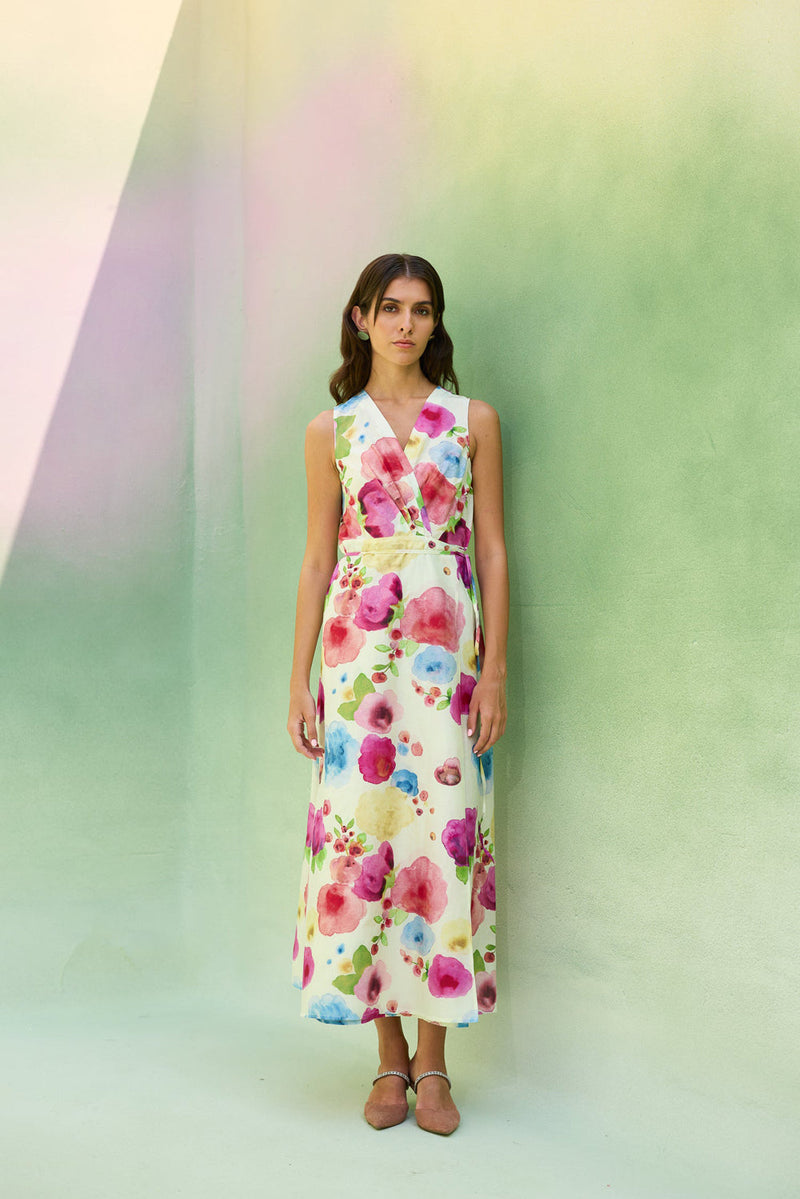Californian Poppies Wrap Dress cotton, silk dress by World of SiSa in multi-color for women in Singapore