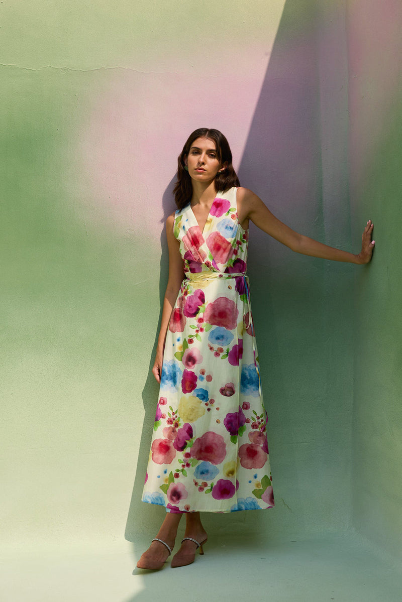 Californian Poppies Wrap Dress cotton, silk dress by World of SiSa in multi-color for women in Singapore