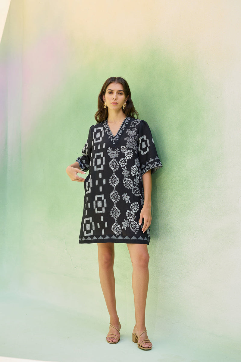 Black Floral Ikat Mini Shift Dress linen dress by World of SiSa in black for women in Singapore
