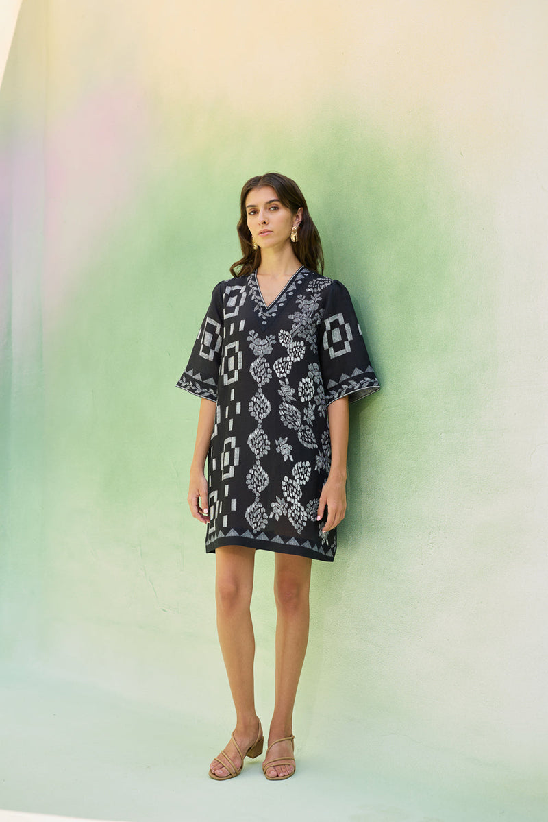 Black Floral Ikat Mini Shift Dress linen dress by World of SiSa in black for women in Singapore