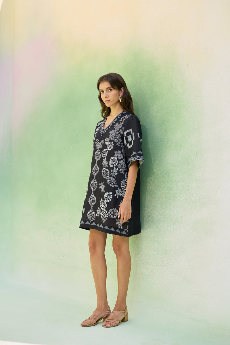 Black Floral Ikat Mini Shift Dress linen dress by World of SiSa in black for women in Singapore