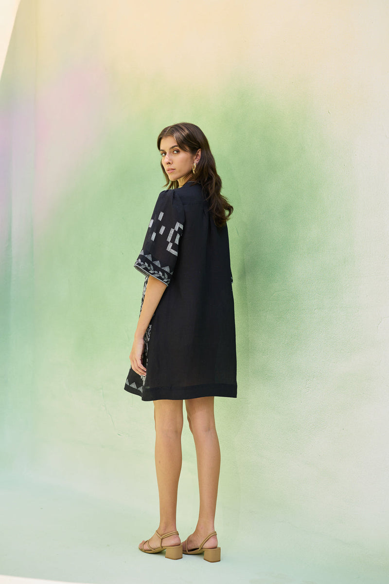 Black Floral Ikat Mini Shift Dress linen dress by World of SiSa in black for women in Singapore