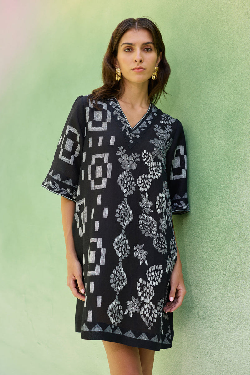 Black Floral Ikat Mini Shift Dress linen dress by World of SiSa in black for women in Singapore