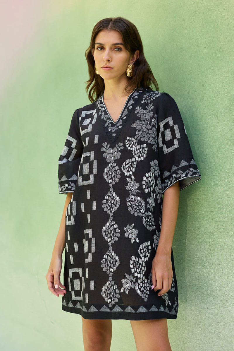 Black Floral Ikat Mini Shift Dress linen dress by World of SiSa in black for women in Singapore