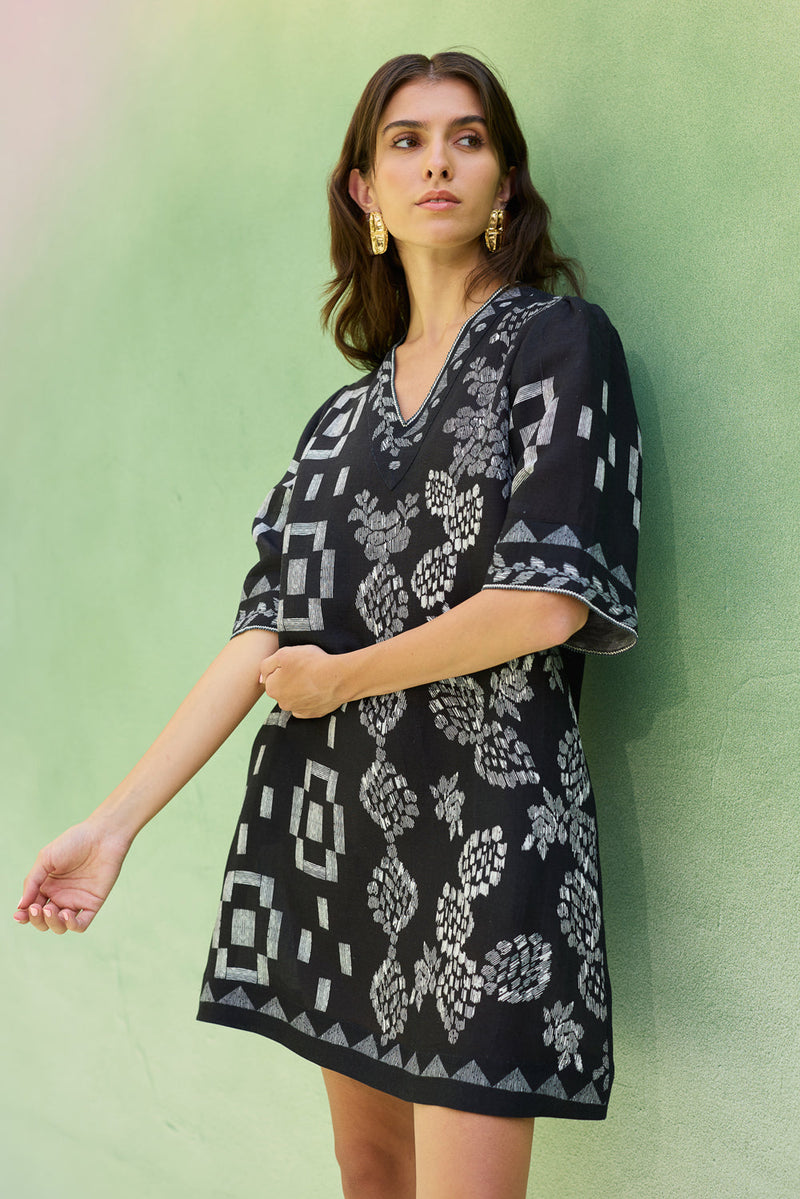 Black Floral Ikat Mini Shift Dress linen dress by World of SiSa in black for women in Singapore