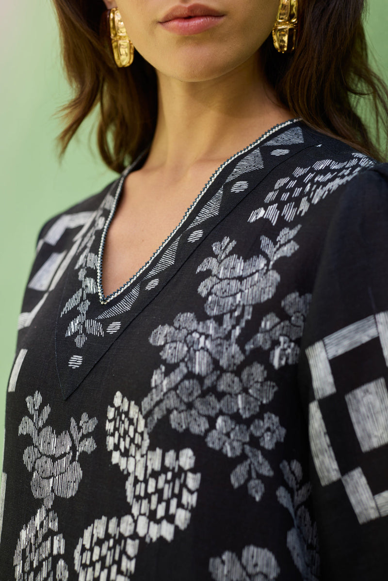 Black Floral Ikat Mini Shift Dress linen dress by World of SiSa in black for women in Singapore