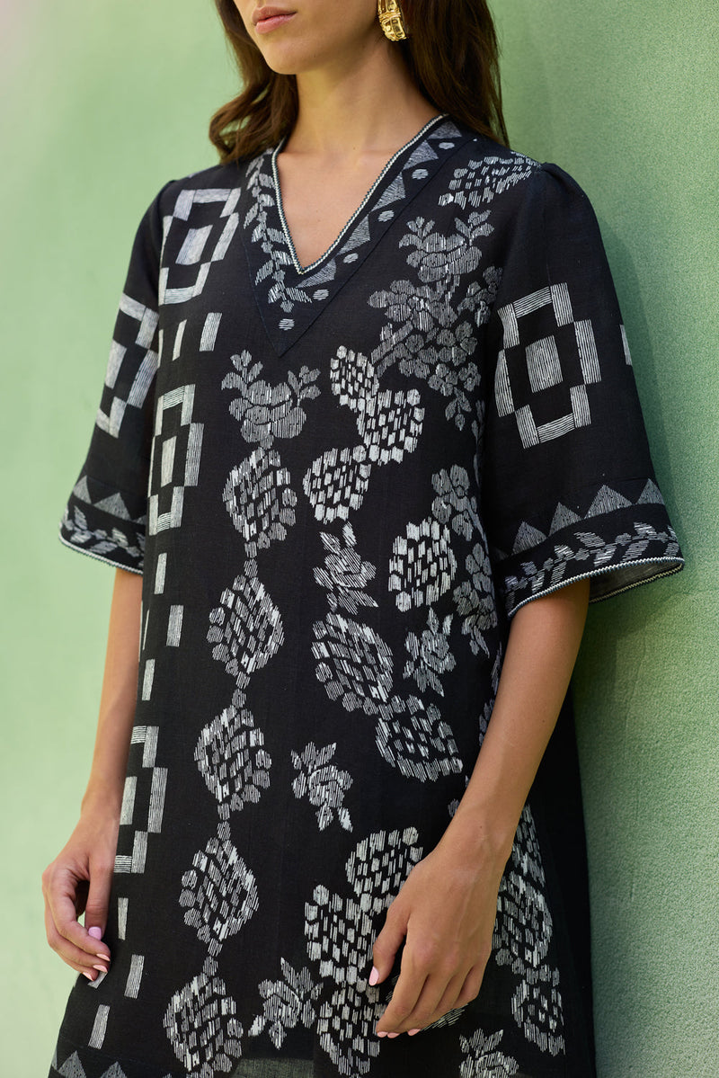Black Floral Ikat Mini Shift Dress linen dress by World of SiSa in black for women in Singapore