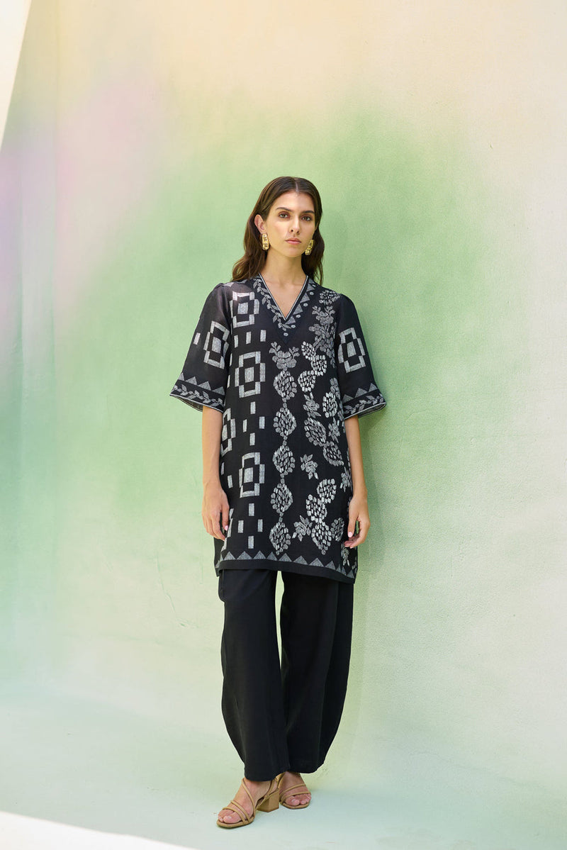 Black Floral Ikat Co-ord Set linen co-ord set by World of SiSa in black for women in Singapore