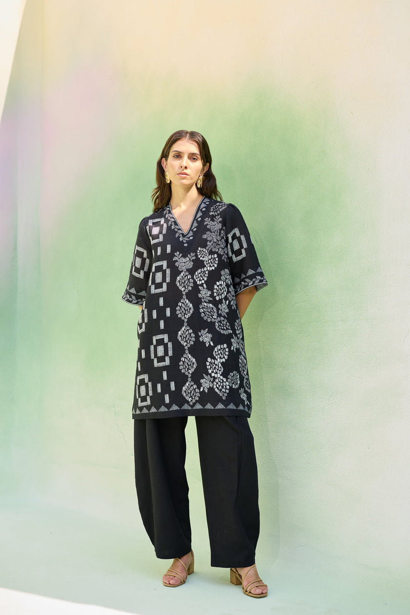 Black Floral Ikat Co-ord Set linen co-ord set by World of SiSa in black for women in Singapore
