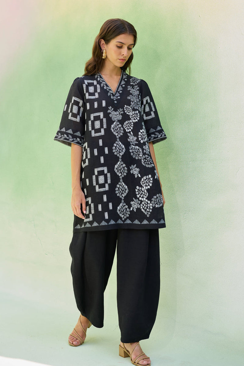 Black Floral Ikat Co-ord Set linen co-ord set by World of SiSa in black for women in Singapore