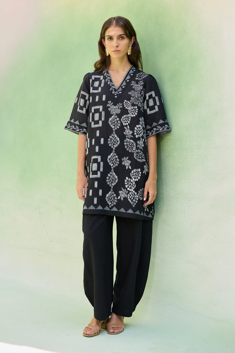 Black Floral Ikat Co-ord Set linen co-ord set by World of SiSa in black for women in Singapore